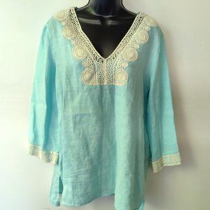 Resort Linen Tunic with Crochet Trim Seaglass M